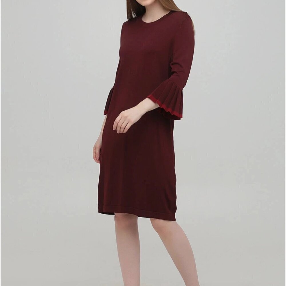 Cos Sweater Dress Midi Knit Stretch Pleated 3/4 Sleeve Burgundy Red New Medium